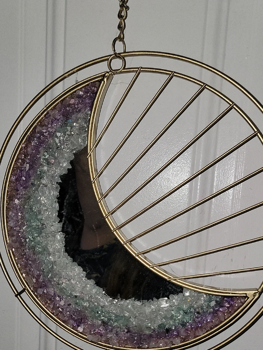 Gold Crescent Moon Geode Wall Decor Mirror - Purple & Green Handmade
